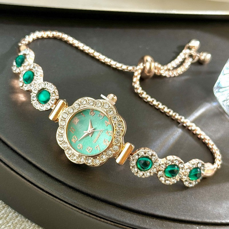 Women's Quartz Bracelet Watch – Chalcedony Crystal & Diamond Bezel, Adjustable Pull Rope Band
