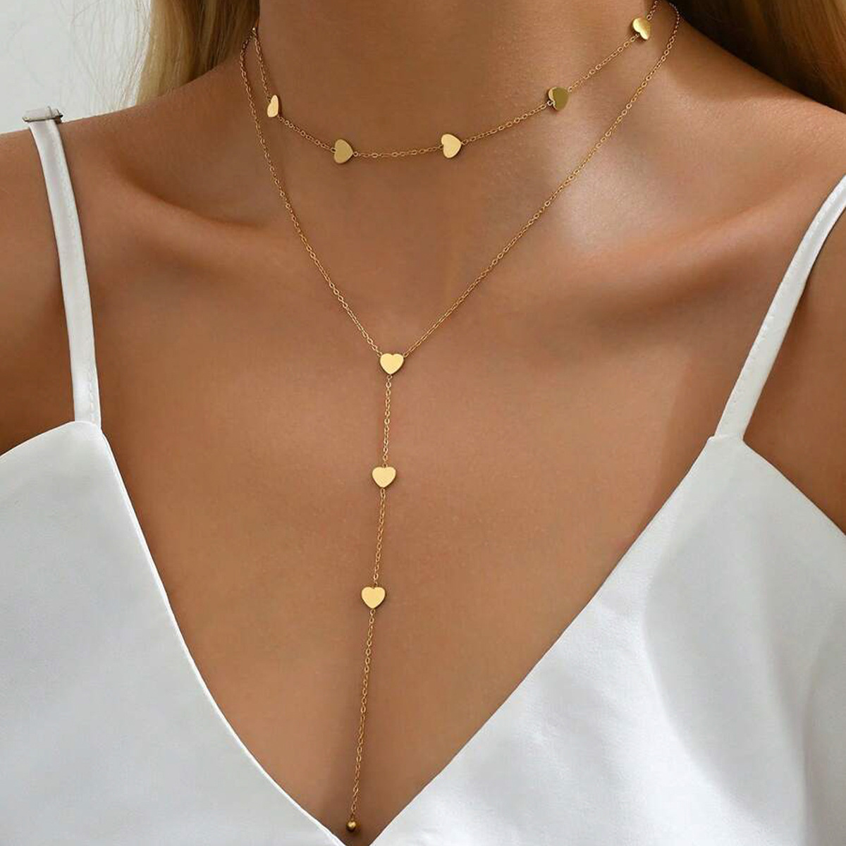 Double-Layer Gold Heart Lariat Necklace