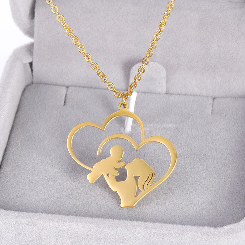 Double Heart Mother & Child Pendant Necklace – Gold & Silver Stainless Steel