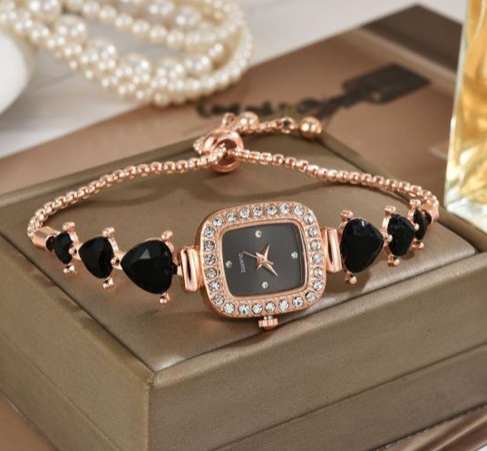 Fashion Rectangle Quartz Wrist Watch for Women – Luxury Heart Rhinestone Crystal Bracelet