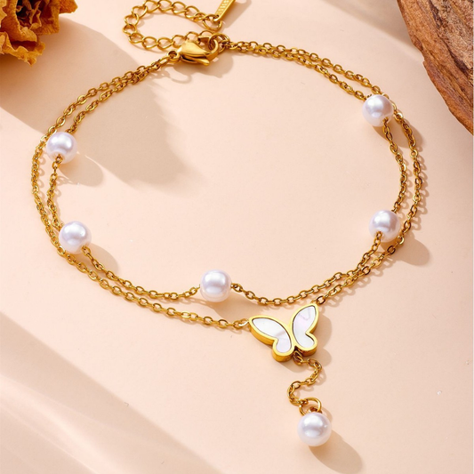 Double Layer Pearl & Shell Butterfly Charm Anklet – 18K Gold Stainless Steel