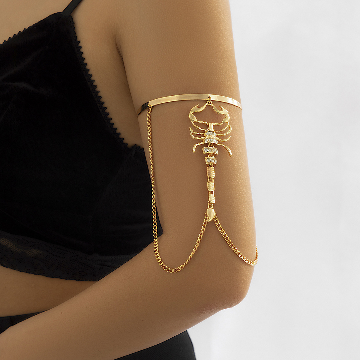 Gold Scorpion Upper Arm Cuff with Draped Chain – Statement Body Jewelry