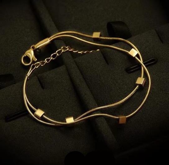 Gold Double Layer Cube Charm Snake Chain Bracelet – 18K Gold Plated