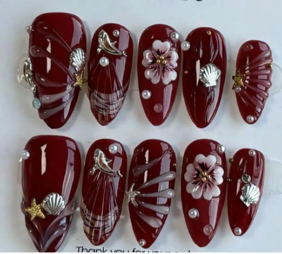 Deep Red Ocean Charm Press-On Nails – Luxury 3D Almond False Nails