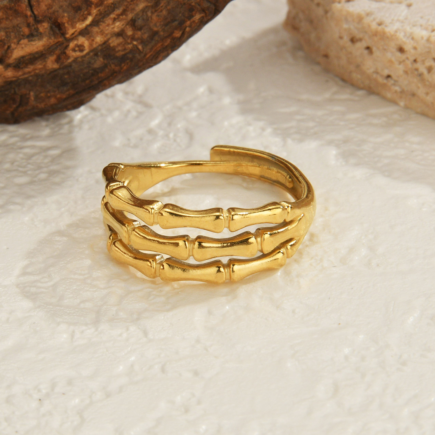 18K Gold PVD Triple Layer Bamboo Texture Open Ring | Adjustable Stainless Steel | Women