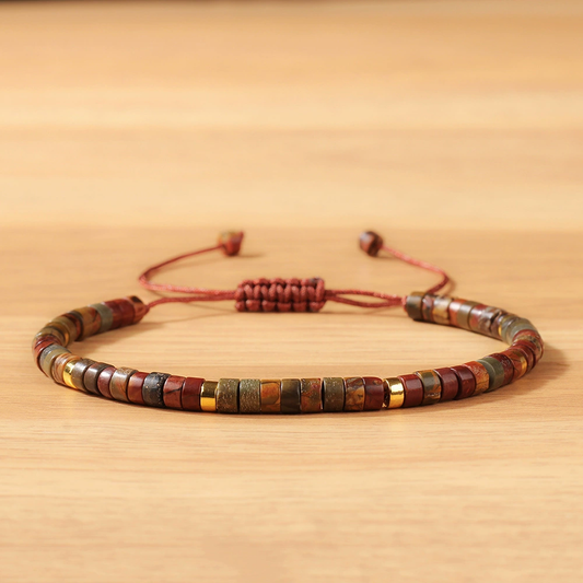 Red Jasper Heishi Bead Adjustable Bracelet – Handmade Gold Accent Natural Stone
