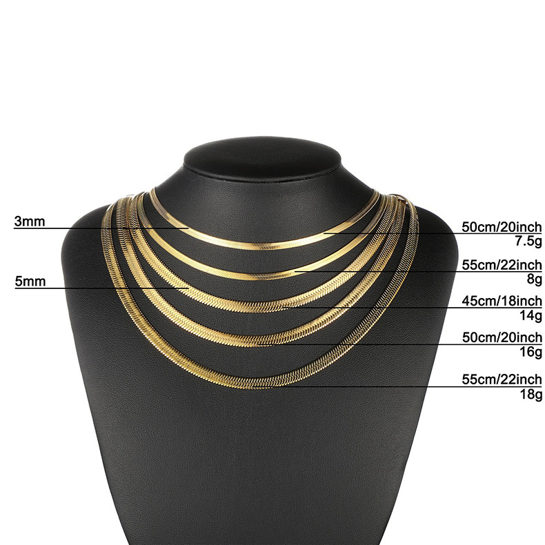 Gold Stainless Steel Flat Herringbone Snake Chain Necklace | 3mm & 5mm | Men & Women