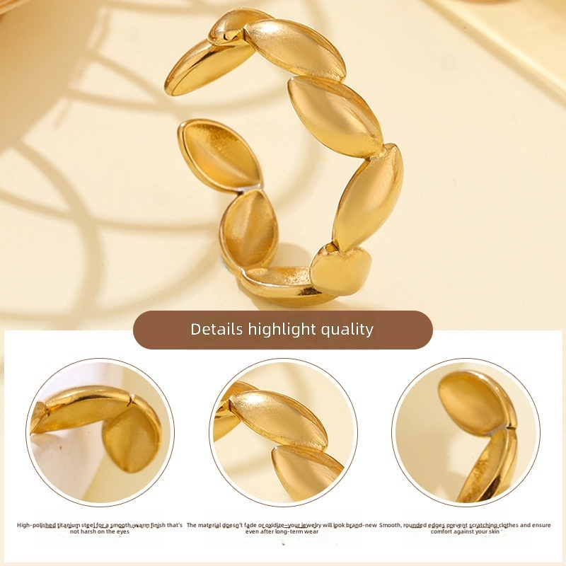 18K Gold Plated Olive Leaf Open Ring | Titanium Steel | Adjustable | Women