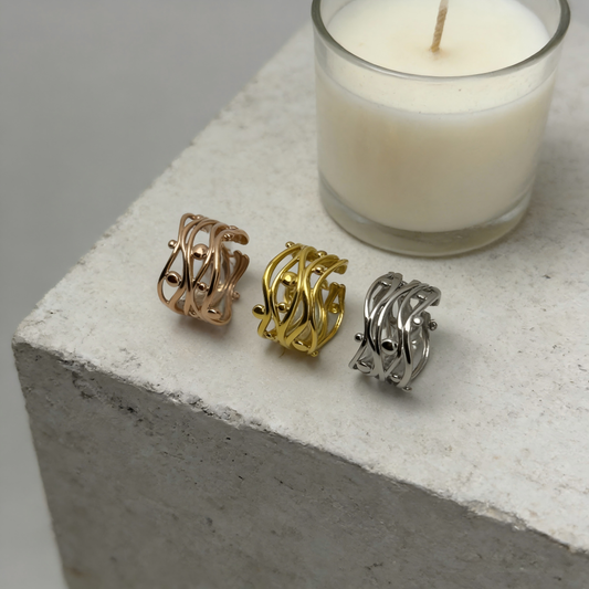 Wavy Multi-Strand Ball Accent Open Ring – 18K PVD Gold Plated Stainless Steel