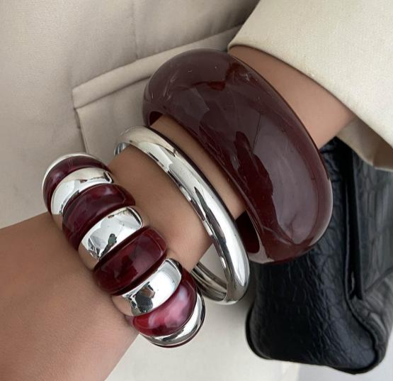 Burgundy Resin & Silver Chunky Bangle Set – Bold Statement Bracelet Stack