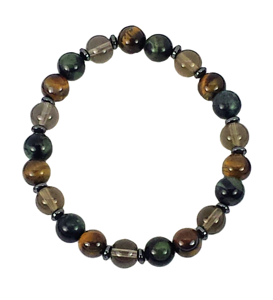 Tiger Eye, Hematite & Smoky Quartz Multi-Stone Stretch Bracelet – Unisex Natural Gemstone