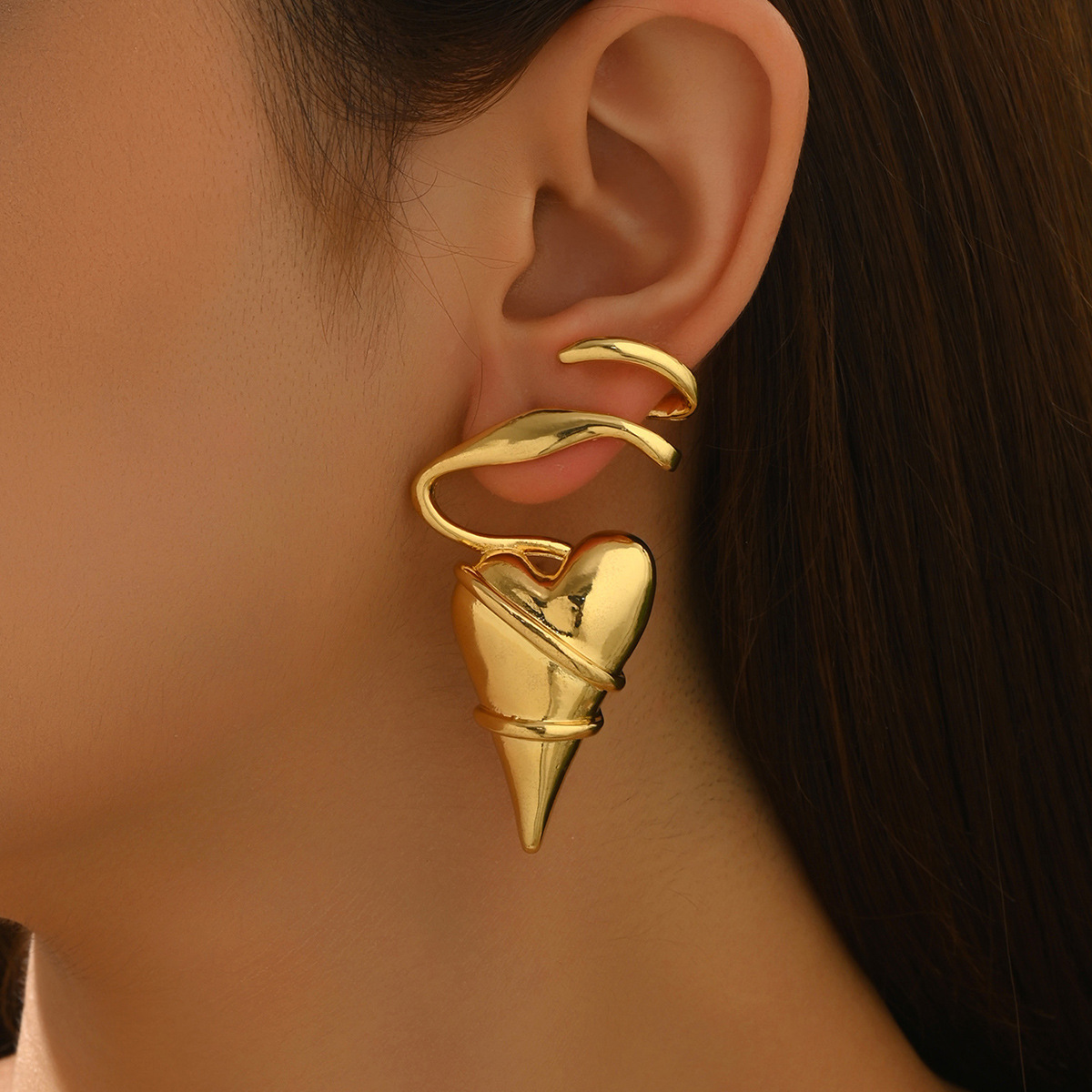 Gold Spiral Heart Drop Stud Earrings