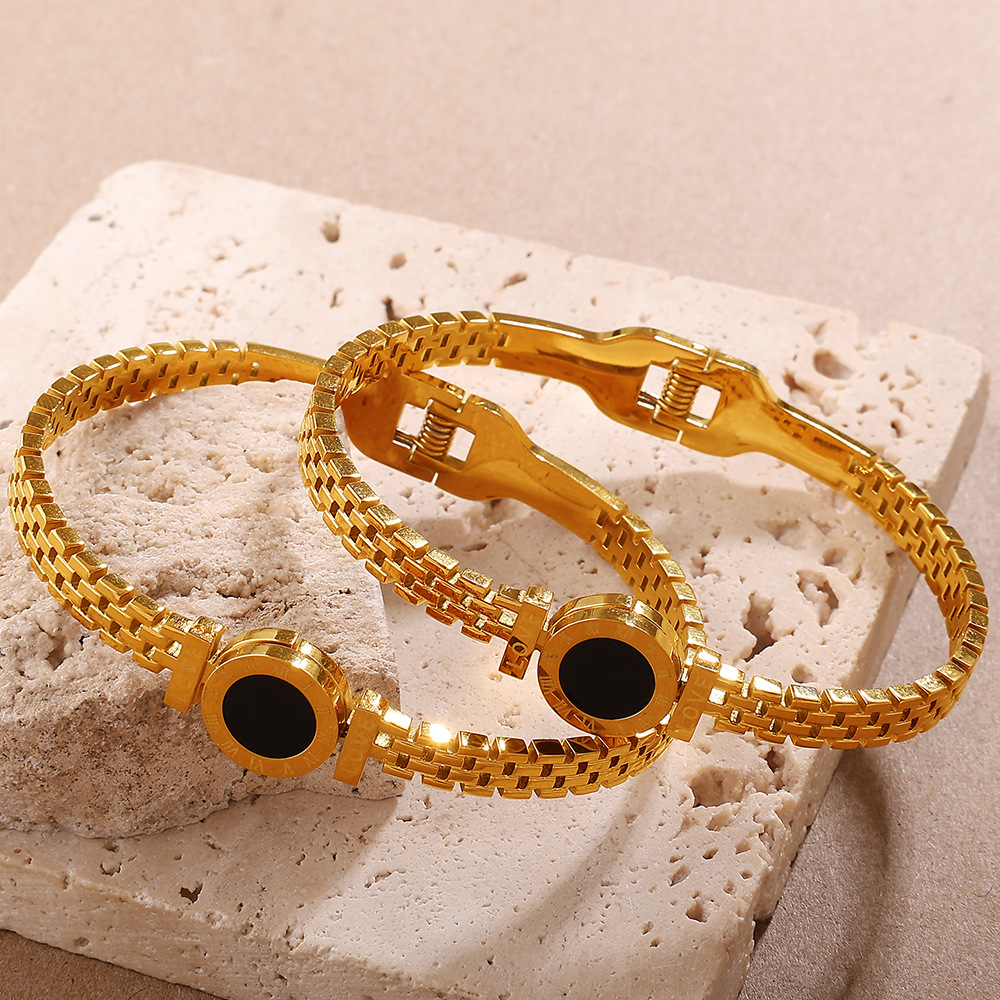 Gold Roman Numeral Black Stone Cuff Bangle – Unisex Love Bracelet