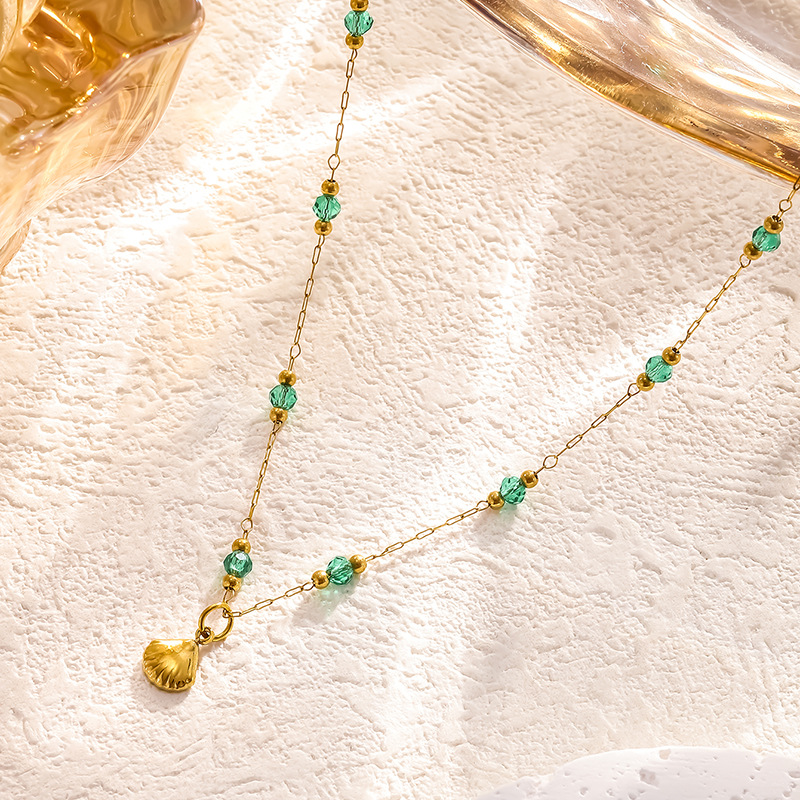 Green Crystal Bead & Shell Charm Anklet – Titanium Steel Gold Plated