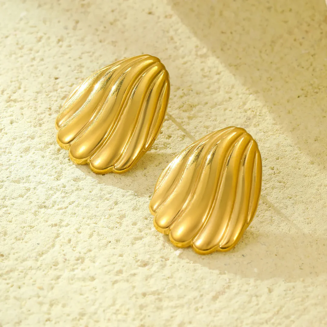 Anti-Tarnish Gold Wave Shell Stud Earrings