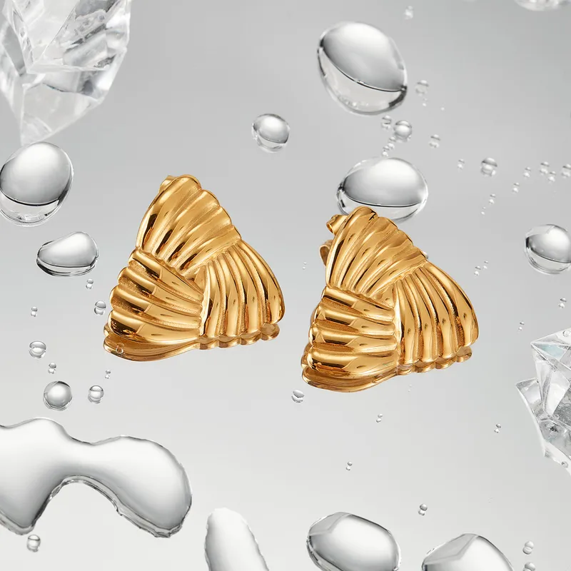 18K Gold Plated Geometric Ribbed Triangle Stud Earrings