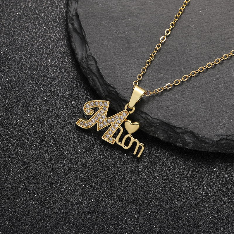 Mom Heart Pendant Necklace – Gold Plated Zircon Letter Charm