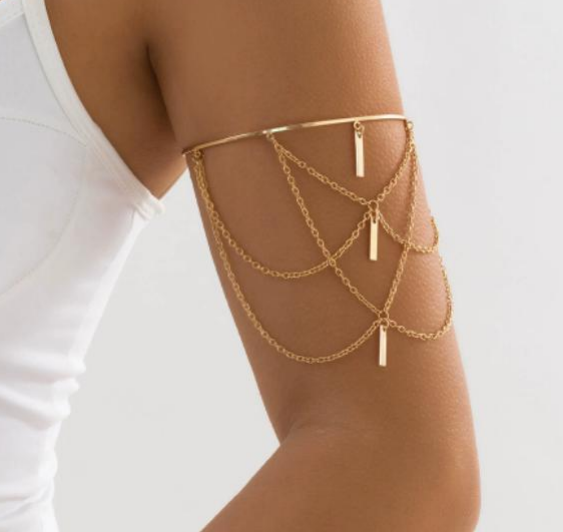 Gold Draped Chain Upper Arm Cuff with Bar Tassels – Layered Armlet Body Jewelry