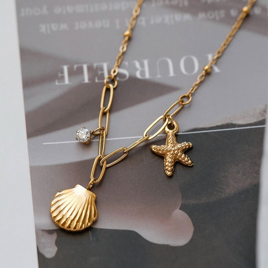 18K Gold Plated Shell & Starfish Charm Necklace | Waterproof Stainless Steel | Women
