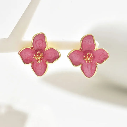 Vintage Metal Enamel Flower Shaped Earrings for Women