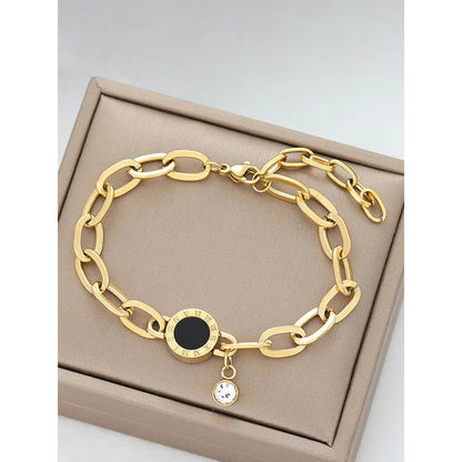18K Gold Plated Roman Numerals CZ Diamond Charm Chain Bracelet