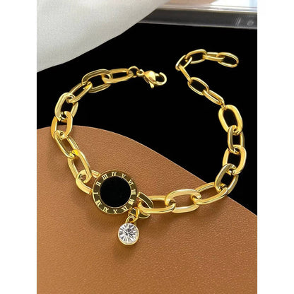 18K Gold Plated Roman Numerals CZ Diamond Charm Chain Bracelet