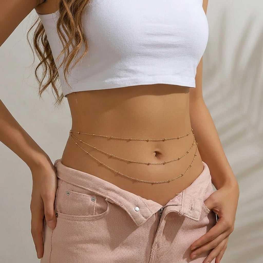 Triple-Layer Gold Satellite Bead Waist Chain – Dainty Belly Body Chain for Women