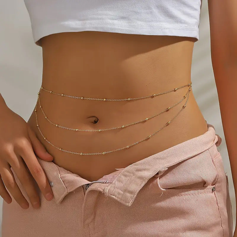 Triple-Layer Gold Satellite Bead Waist Chain – Dainty Belly Body Chain for Women