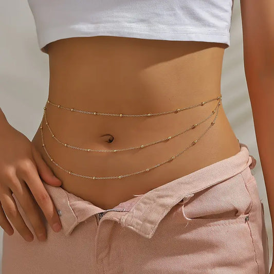 Triple-Layer Gold Satellite Bead Waist Chain – Dainty Belly Body Chain for Women