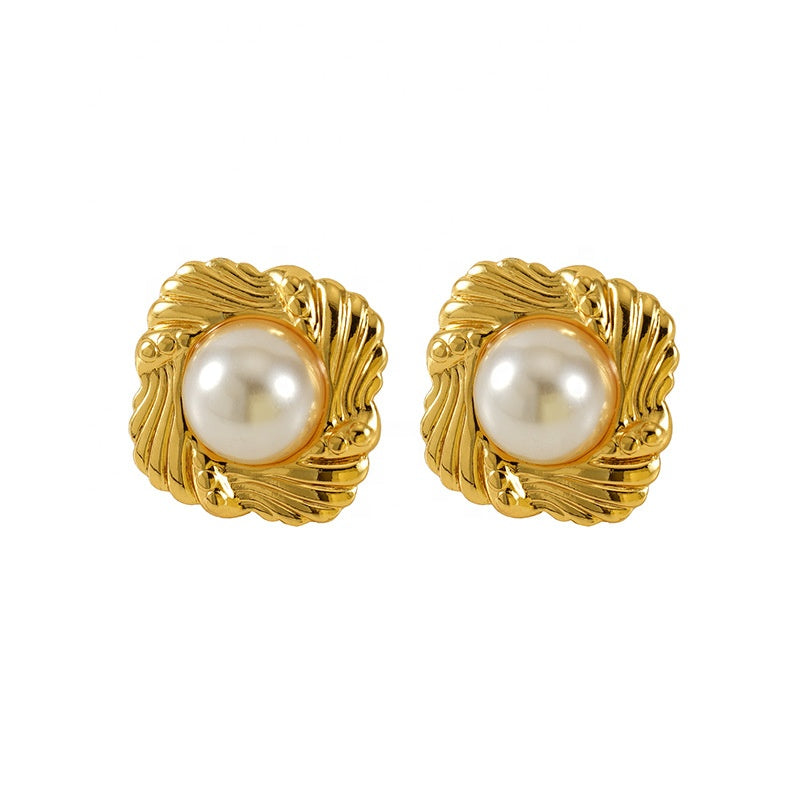 Gold Shell Pearl Necklace & Earrings Set – Retro Hong Kong Style Stainless Steel Jewelry