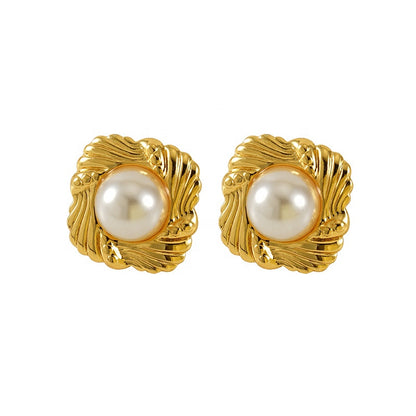 Gold Shell Pearl Necklace & Earrings Set – Retro Hong Kong Style Stainless Steel Jewelry