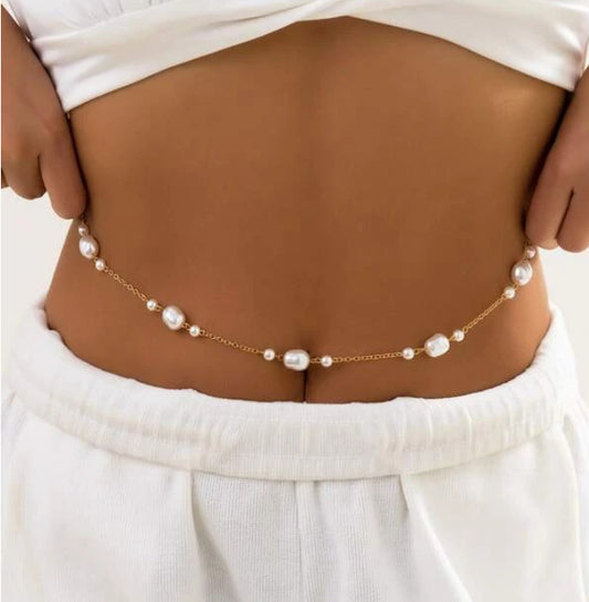 Gold Pearl Belly Waist Chain – Baroque Faux Pearl Body Chain for Women