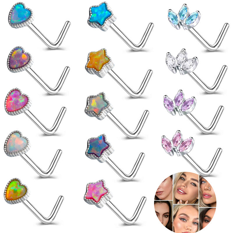 Opal Heart & Star L-Shaped Nose Stud – Stainless Steel Cartilage Nose Ring