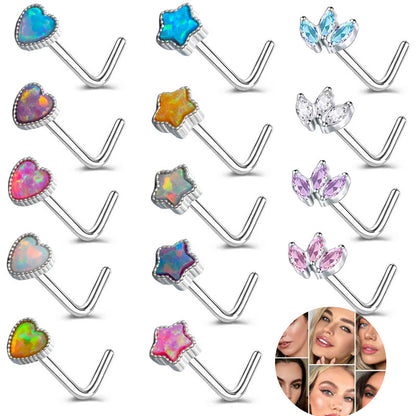 Opal Heart & Star L-Shaped Nose Stud – Stainless Steel Cartilage Nose Ring