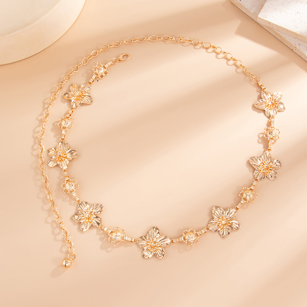 Gold Flower Charm Waist Chain – Adjustable 5-Petal Blossom Body Chain for Women