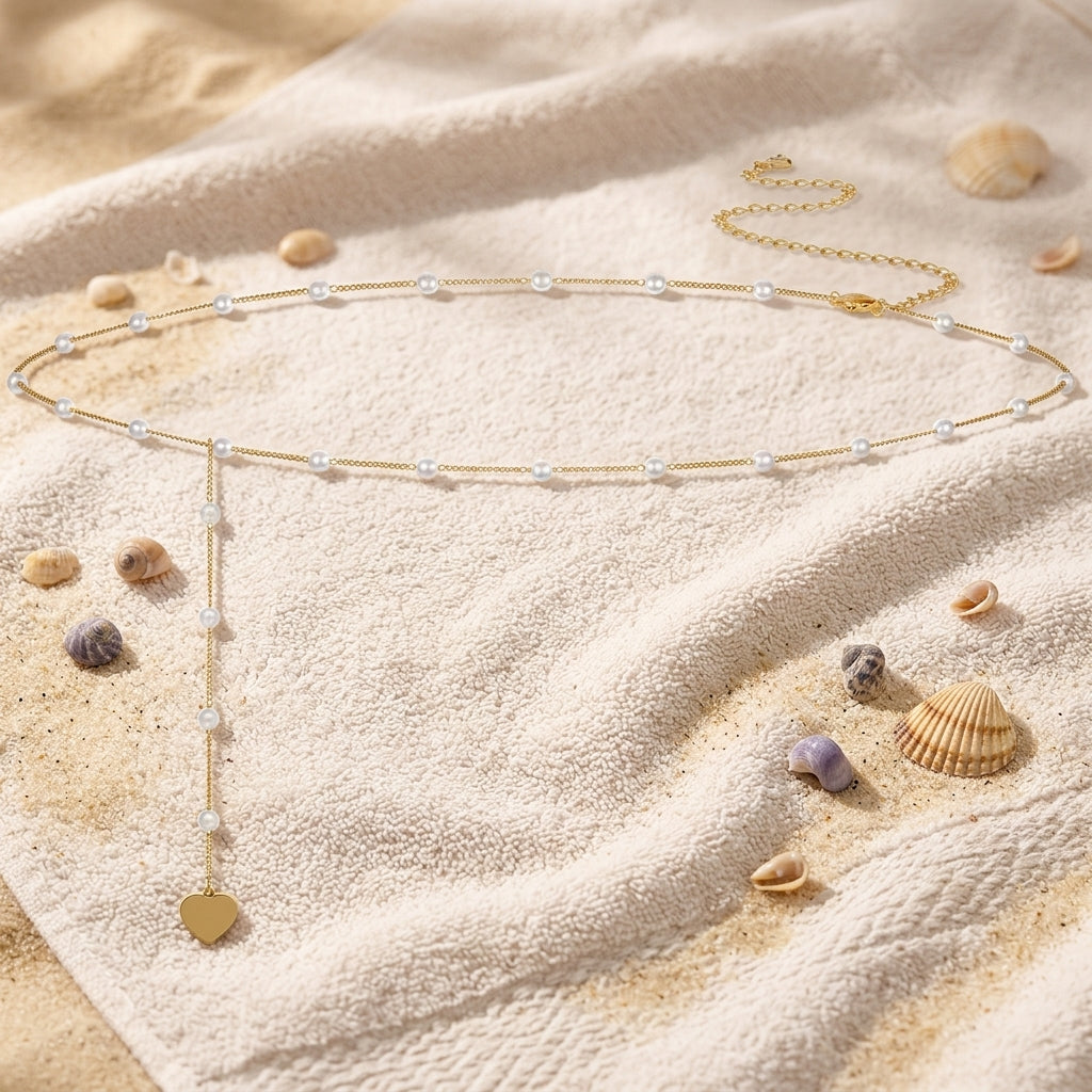 Pearl Belly Chain with Heart Pendant – Y-Shape Gold Waist Chain for Women