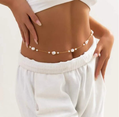 Gold Pearl Belly Waist Chain – Baroque Faux Pearl Body Chain for Women