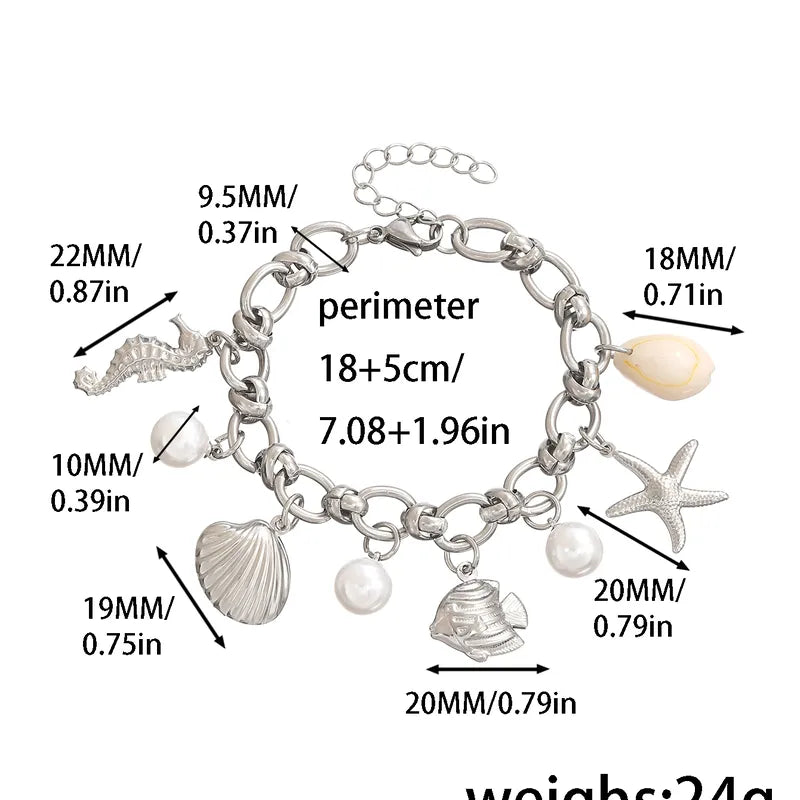 Hawaiian Bohemian Beach Starfish Shell Seahorse Pearl Charm Bracelet