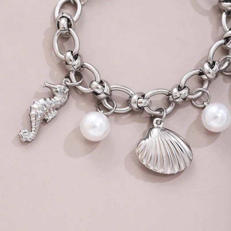 Hawaiian Bohemian Beach Starfish Shell Seahorse Pearl Charm Bracelet