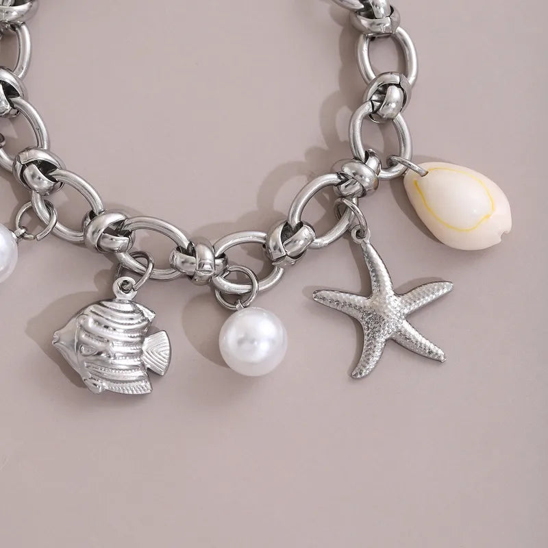 Hawaiian Bohemian Beach Starfish Shell Seahorse Pearl Charm Bracelet