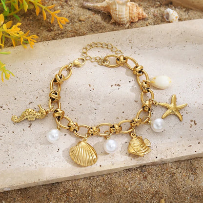 Hawaiian Bohemian Beach Starfish Shell Seahorse Pearl Charm Bracelet