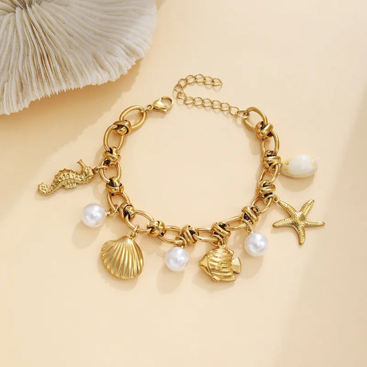 Hawaiian Bohemian Beach Starfish Shell Seahorse Pearl Charm Bracelet