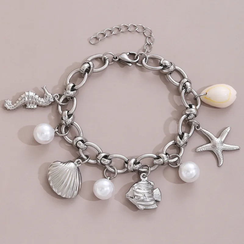 Hawaiian Bohemian Beach Starfish Shell Seahorse Pearl Charm Bracelet