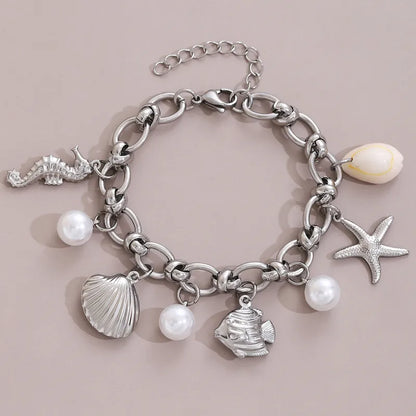 Hawaiian Bohemian Beach Starfish Shell Seahorse Pearl Charm Bracelet