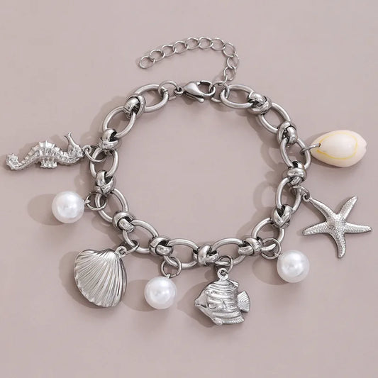 Hawaiian Bohemian Beach Starfish Shell Seahorse Pearl Charm Bracelet