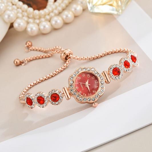 Women's Quartz Bracelet Watch – Chalcedony Crystal & Diamond Bezel, Adjustable Pull Rope Band
