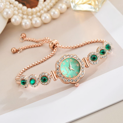Women's Quartz Bracelet Watch – Chalcedony Crystal & Diamond Bezel, Adjustable Pull Rope Band