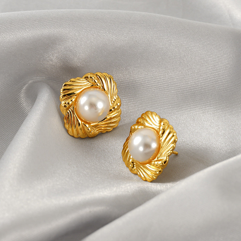 Gold Shell Pearl Necklace & Earrings Set – Retro Hong Kong Style Stainless Steel Jewelry