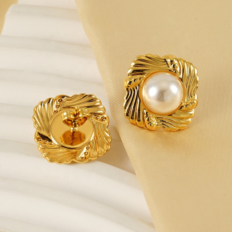 Gold Shell Pearl Necklace & Earrings Set – Retro Hong Kong Style Stainless Steel Jewelry