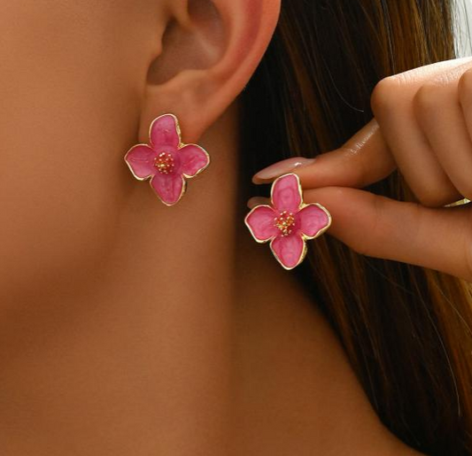 Vintage Metal Enamel Flower Shaped Earrings for Women